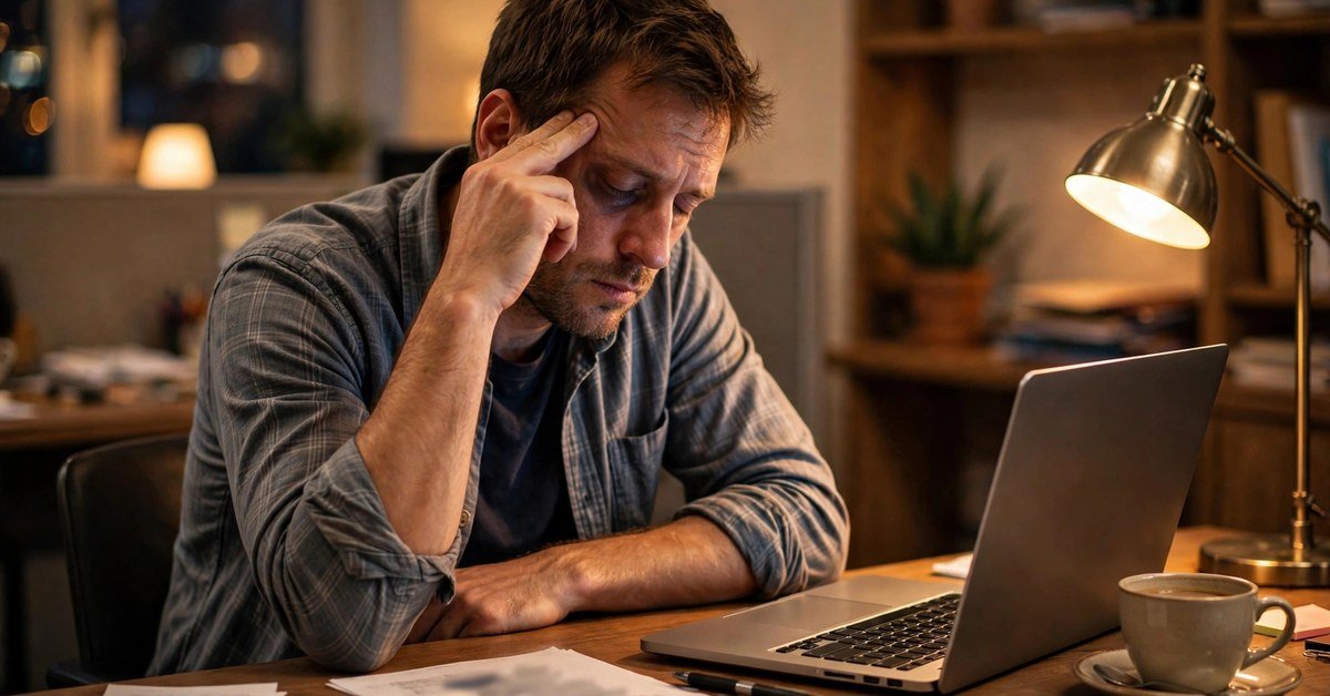 A male office worker at a desk rubbing his forehead with a tired look, laptop open and coffee cup nearby