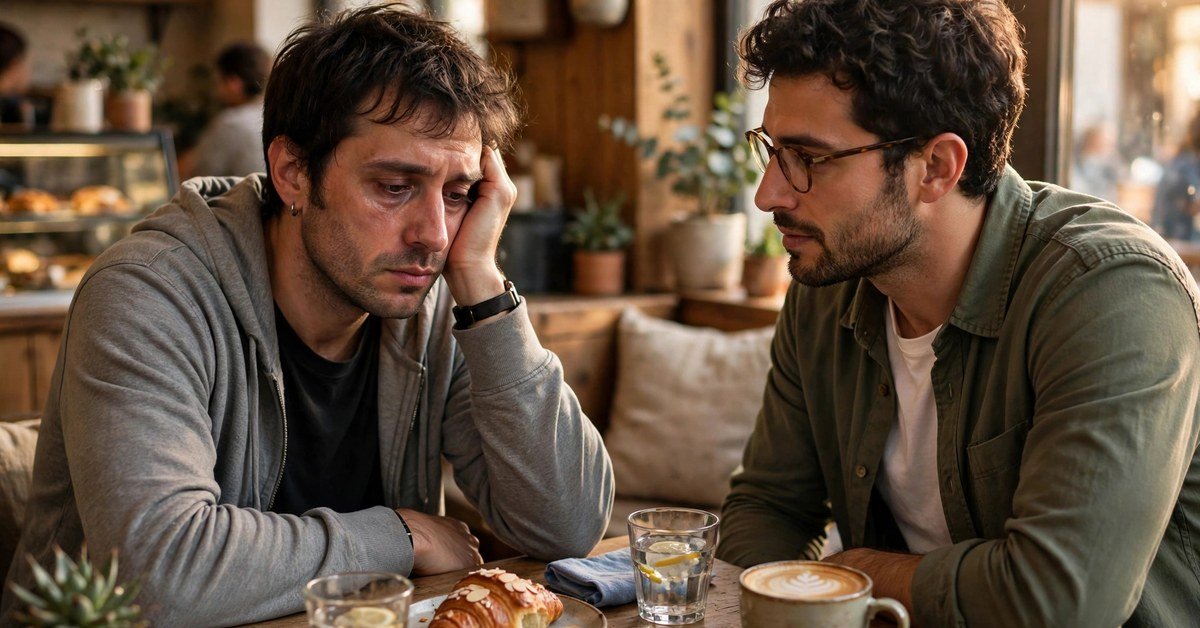 Two male friends sitting at a sunny café table, one looking a bit tired while the other listens with care