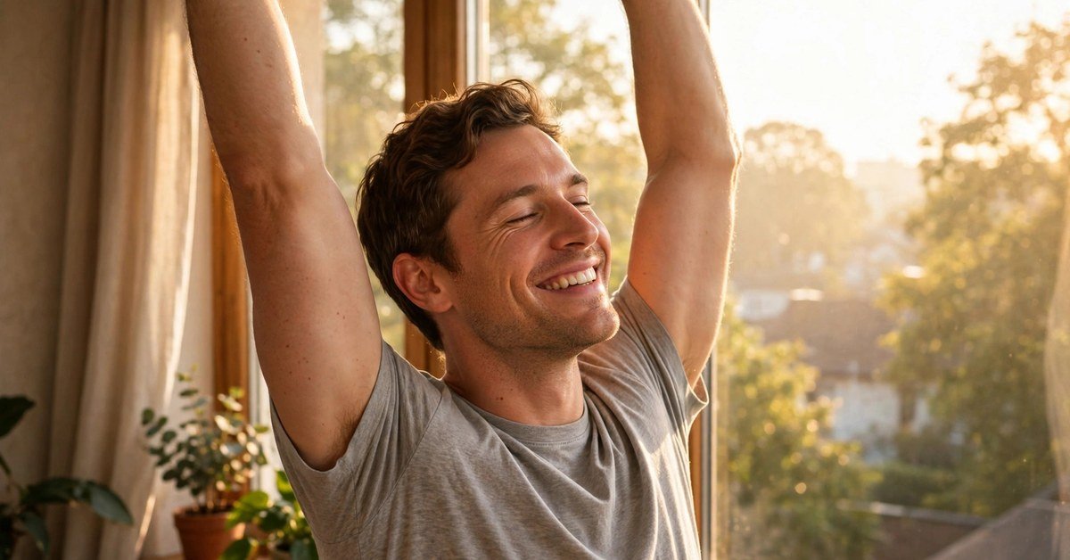 A cheerful man stretching happily in bright morning sunlight by a window, looking healthy and refreshed