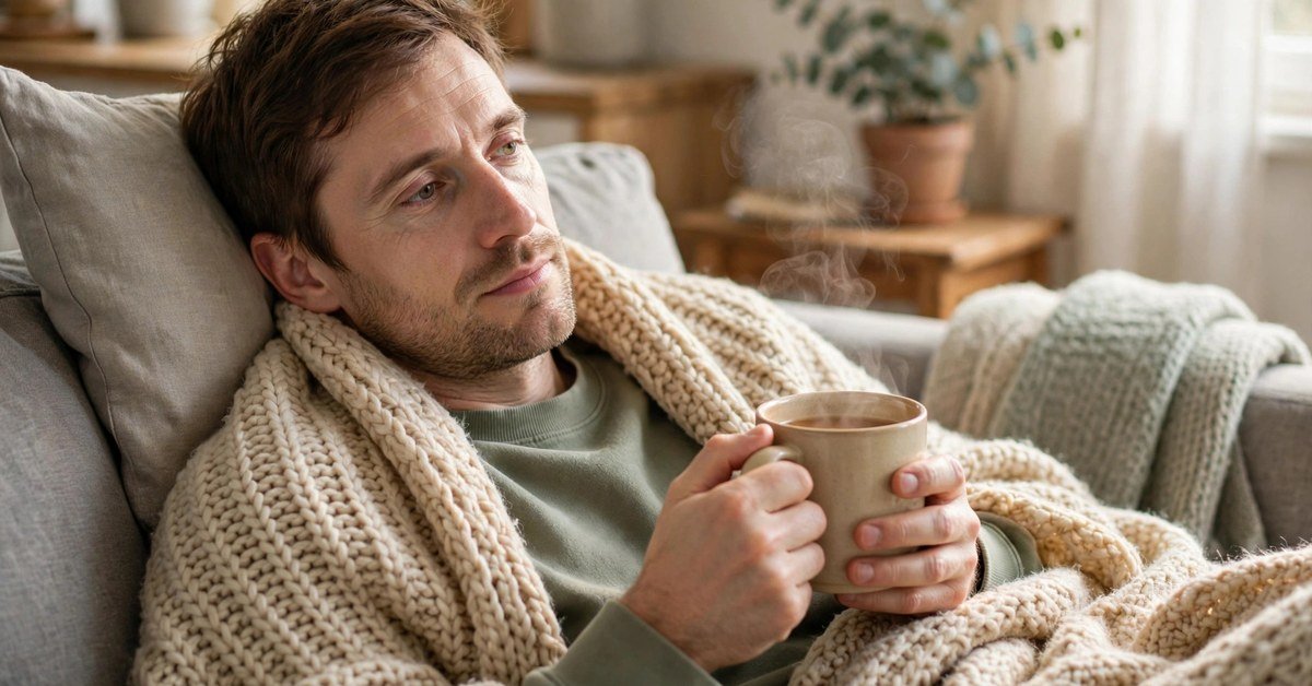 Man resting on a couch under a cozy blanket holding a warm mug of tea