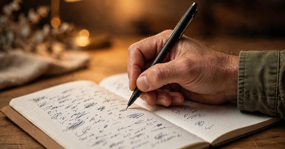 A man writing in a notebook at a warm wooden desk, thinking carefully about English grammar