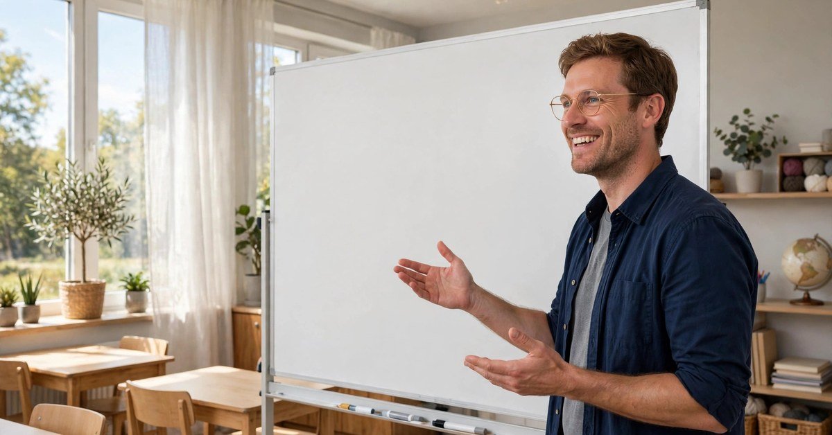 A smiling man pointing at a whiteboard in a bright classroom during an English lesson