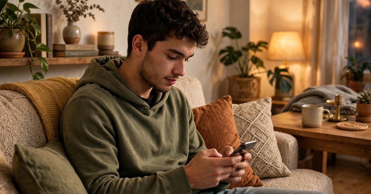 A man texting on his phone while relaxing on a couch, smiling at a funny message