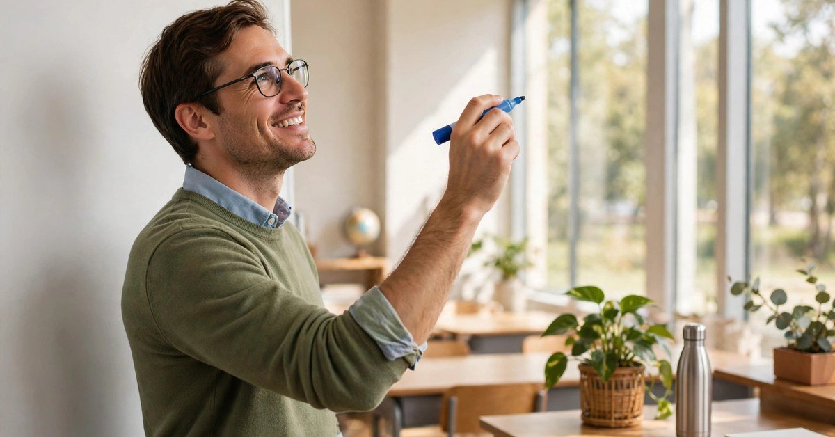 A male teacher explaining English grammar at a whiteboard to adult students