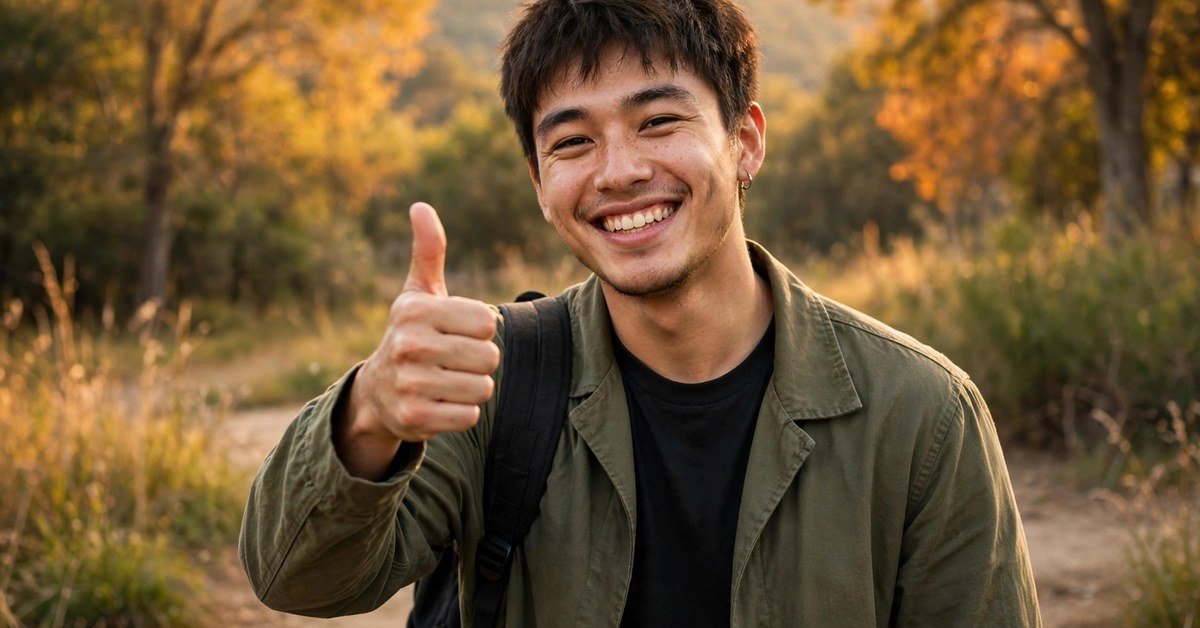 A confident man giving a thumbs up at his desk with a laptop, cheerful and encouraging