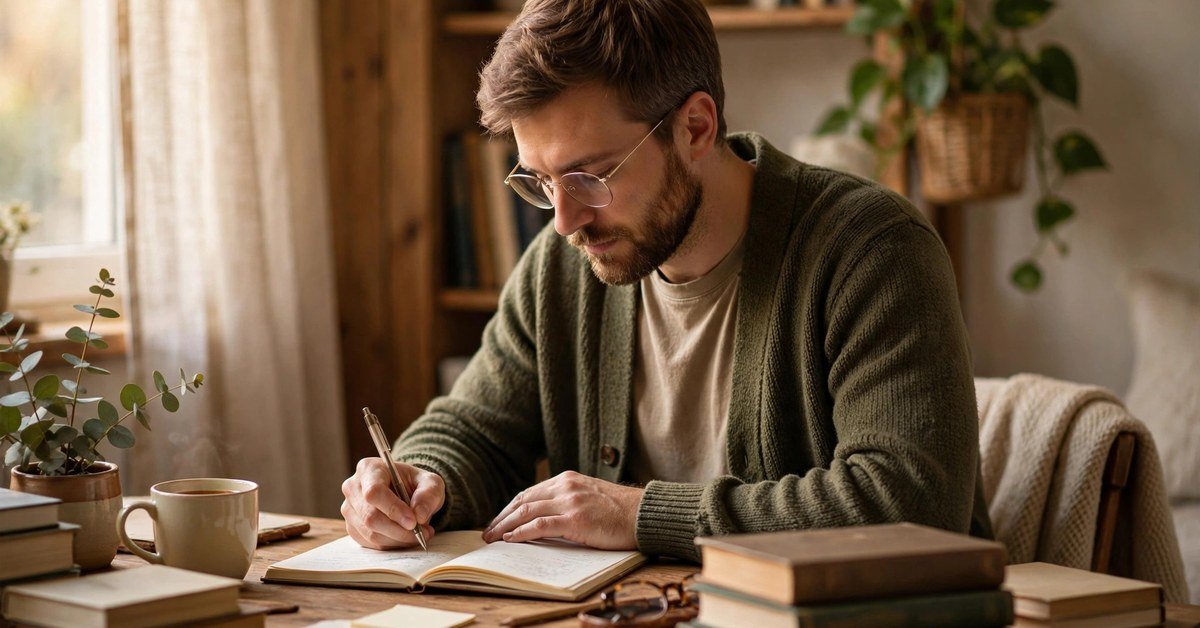 Man writing in a notebook at a cozy desk, focused on English grammar study
